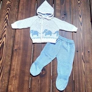 Hooded Double-Breasted Elephant Knit Sweater & Matching Footed Pants, Size 3/6M